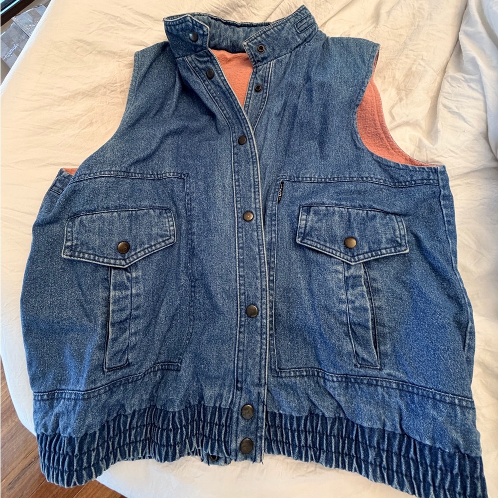 Izzi Women’s L Vintage 1980’s Retro Denim Vest Jacket Hide Hat Hoodie Lined - Picture 2 of 14